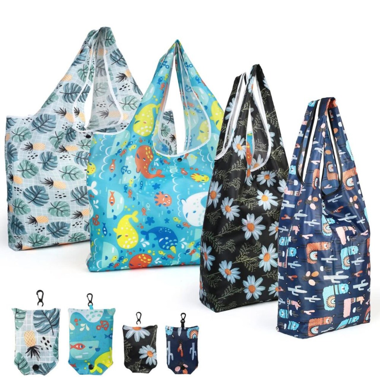 Set of 4 Large Reusable Eco-Friendly Grocery Totes Foldable & Laminated